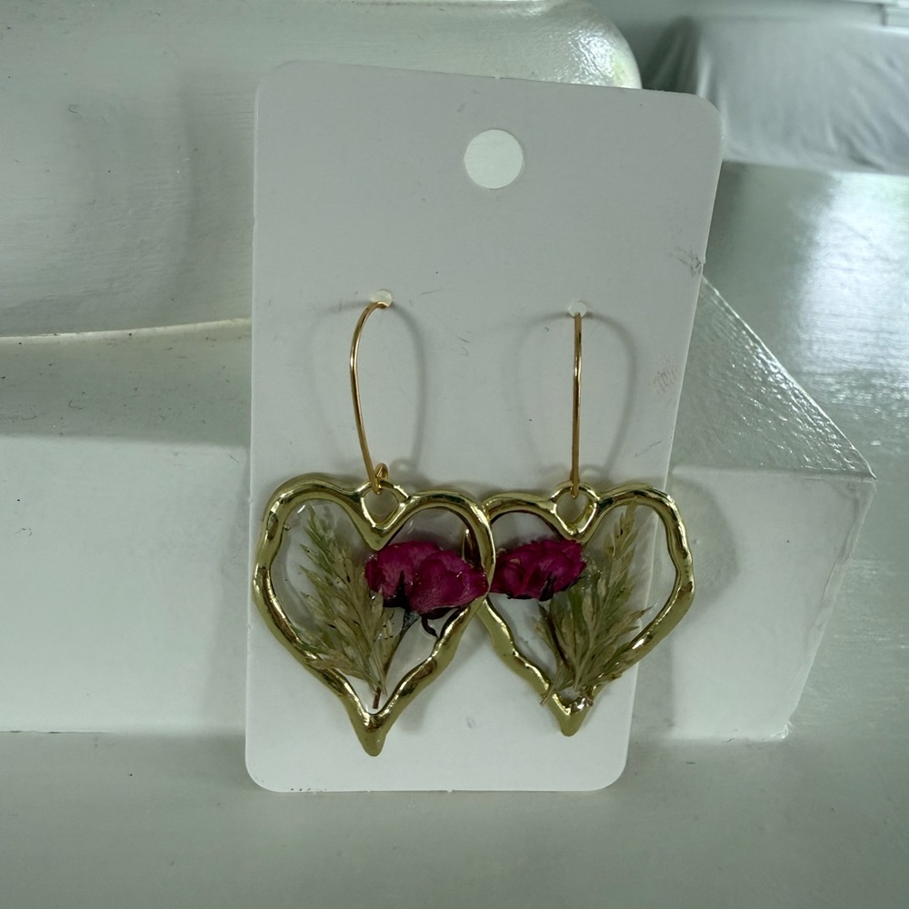 Gold Heart Earrings with Pink Floral Design